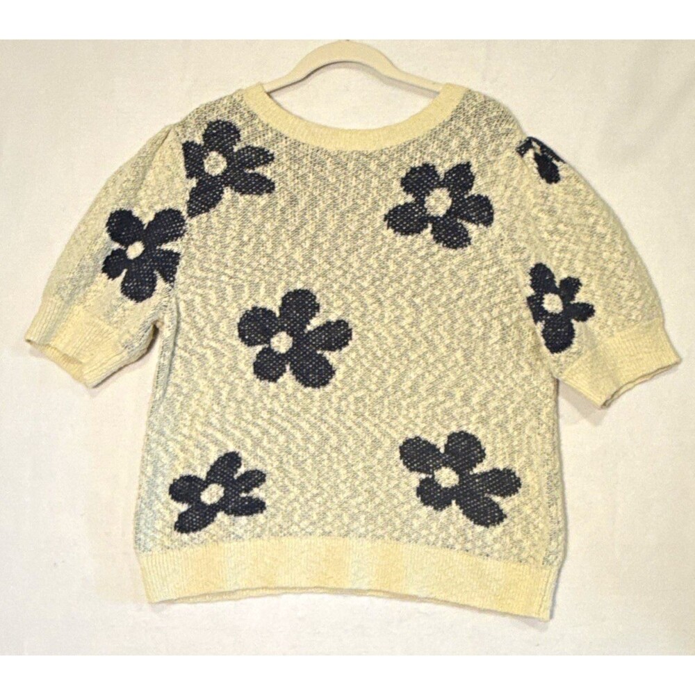 Sonoma Knit Pullover Sweater XXL Ivory Blue Floral Short Sleeve Top Cottagecore